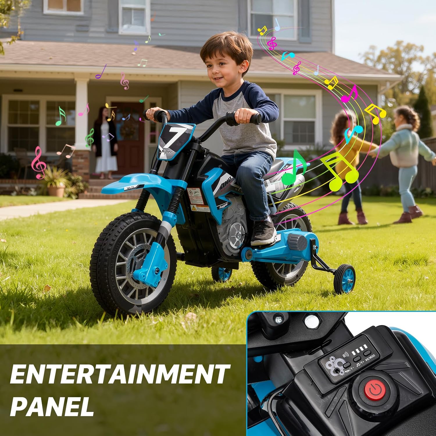 12V Kids Motorcycle w/Treaded Tires, 3.1mph Top Speed Electric Bike for Kids, Training Wheels, Music & Bluetooth, Spring Suspension, Age 3-8 Year Old, Bule