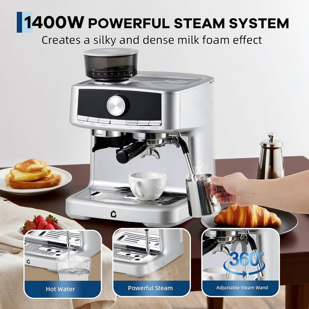 Garvee 20 Bar Pressure Stainless Steel Espresso Machine with Grinder, 1.5L Removable Water Tank, Milk Frother Steam Wand for Latte/Cappuccino - Adjustable Shot Volume, Professional Home/Office Use