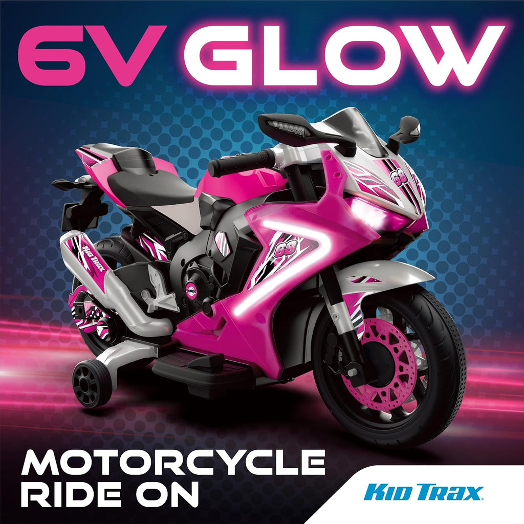 Kid Trax 6V Glow Electric Toddler Kids Motorcycle - Toddler Bike, Indoor/Outdoor Toys, Durable, LED Headlights and Body Light, Realistc Sounds, Kids Ride On Toys, Max Weight 65lbs, Ages 3+, Pink