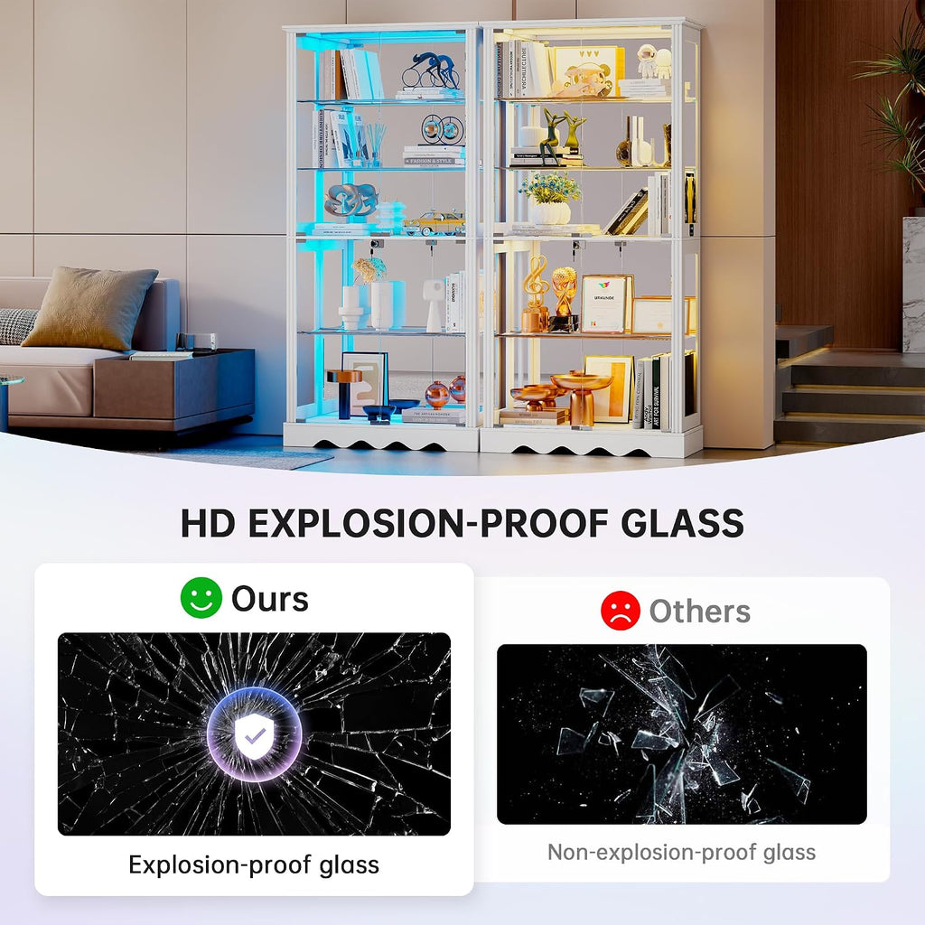 Dystler Display Cabinet with Glass Doors, 71'' Tall Curio Cabinet with RGB Lights for Collectibles, LED Display Case with Removable Shelf for Book/Medal/Figure, White