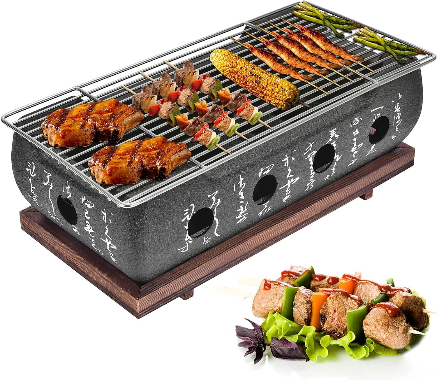 Japanese Style Charcoal BBQ Grill, Portable Rectangle Tabletop Barbecue Stove with Wire Grill Rack, Quick Heating Grill for Camping, Picnic, Patio and Home Use (XL)