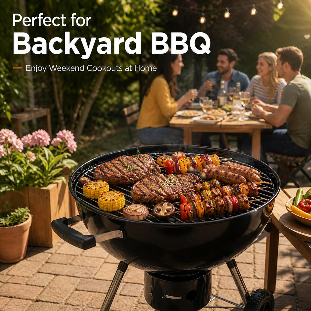18 Inch Charcoal Grill with Lid & Ash Catcher, Kettle BBQ Grill for Backyard & Patio, Easy Temperature Control, Family Grill for 4–6 People