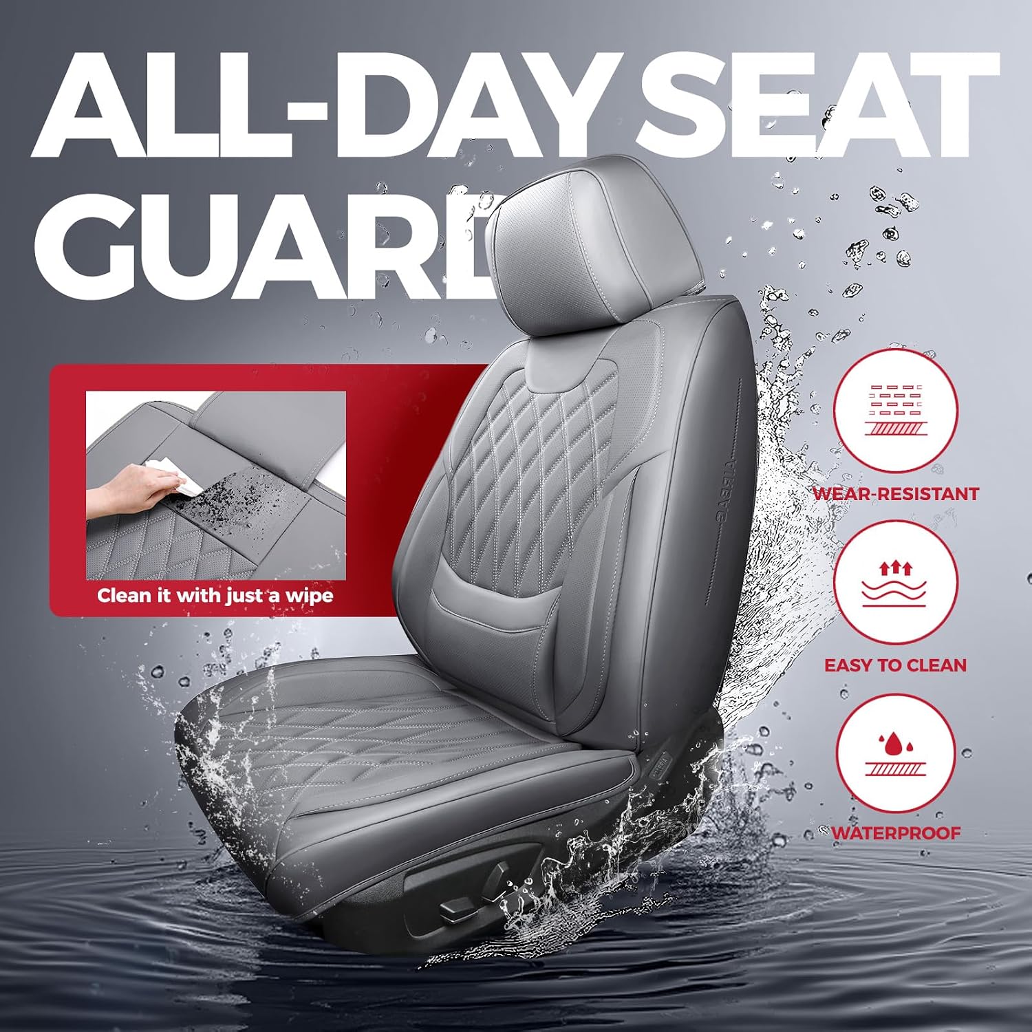 FREESOO Gray Car Seat Cover Full Set - Faux Nappa Leather Seat Covers for Cars, Luxury Breathable Waterproof Front Seats Cushion Protectors with Lumbar Support, Universal Fit for Sedans SUVs Pickups
