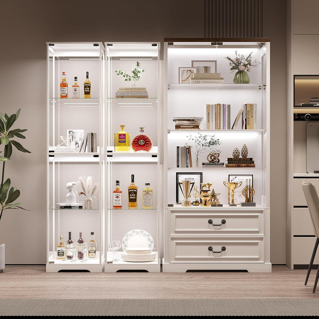 Glass Display Cabinet with Doors, 65' Tall 4-Tier Curio Display Case with 3 Color Lights and Human Body Sensor, Bookcase for Collectibles, White