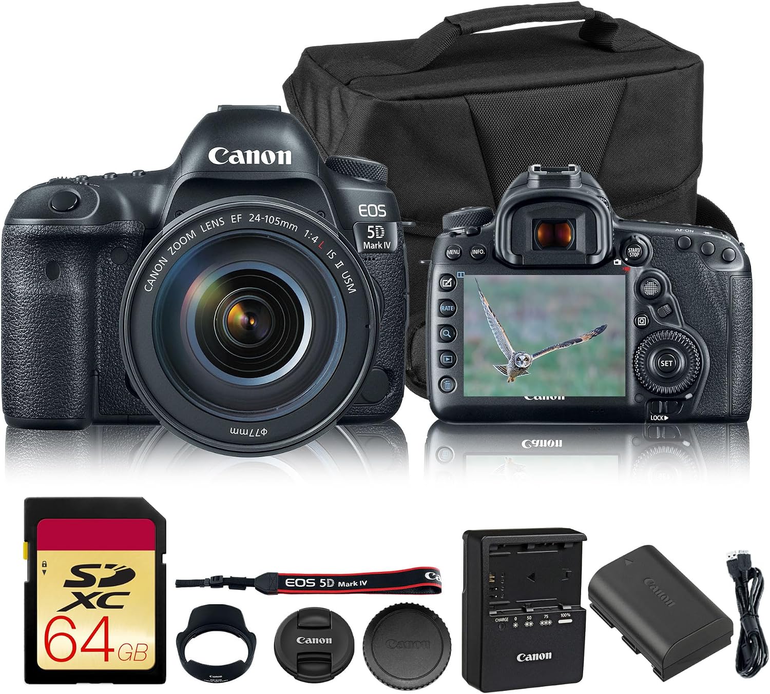 Canon EOS 5D Mark IV DSLR Camera with EF 24-105mm f/4L is II USM Lens | Full-Frame 30.4MP, 4K Video, Dual Pixel CMOS AF | Professional Photography Kit (1483C010) + Canon Shoulder Bag + 64GB Card