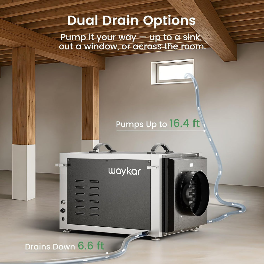 Waykar 158 Pints Crawl Space Dehumidifier with Remote Control and Pump, Dual Duct HVAC Commercial Whole-House Dehumidifier for Basement, Industry Water Damage Unit - 5-Year Quality Coverage
