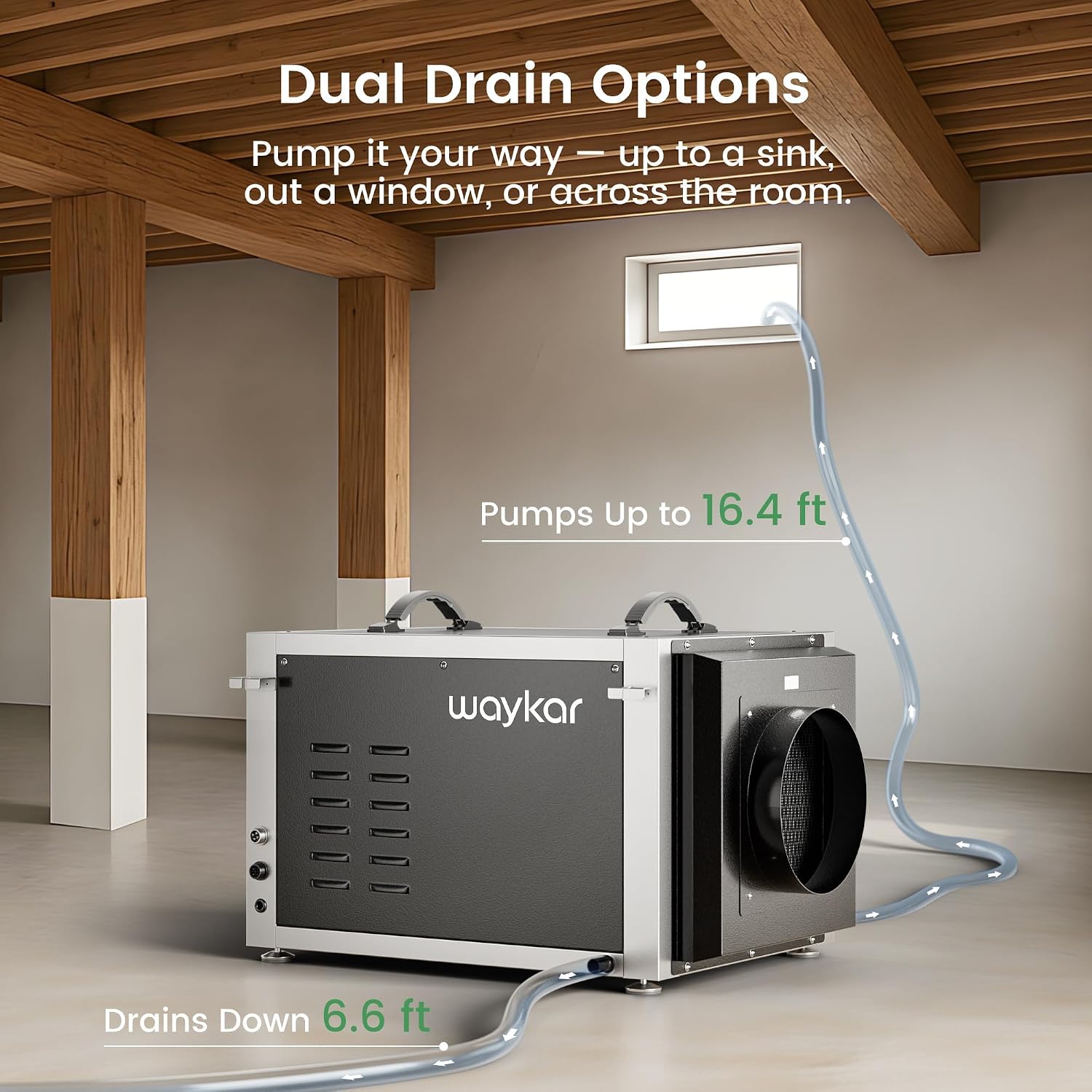 Waykar 158 Pints Crawl Space Dehumidifier with Remote Control and Pump, Dual Duct HVAC Commercial Whole-House Dehumidifier for Basement, Industry Water Damage Unit - 5-Year Quality Coverage