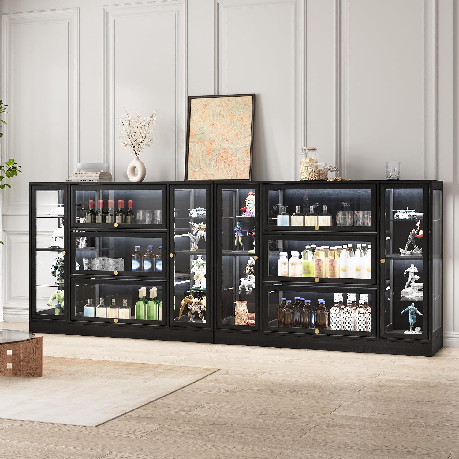 Display Cabinet with Acrylic Glass Doors,Extra Wide Curio Cabinet with LED Lighting for Collectibles, Collectibles Toy Organizers Rack & Display Shelf Display Case, Black