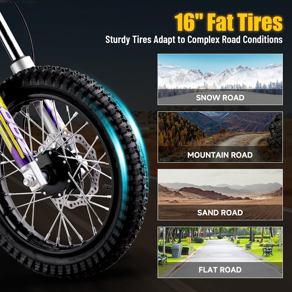 KOOZ HP112E PRO 36V 1000W Electric Dirt Bike for Kids, 3 Speed Modes Teen Electric Motorcycle Up to 20.6 MPH& 19 Miles Long-Range, Dual Suspension & Disc Brake, 16' Sturdy Tire