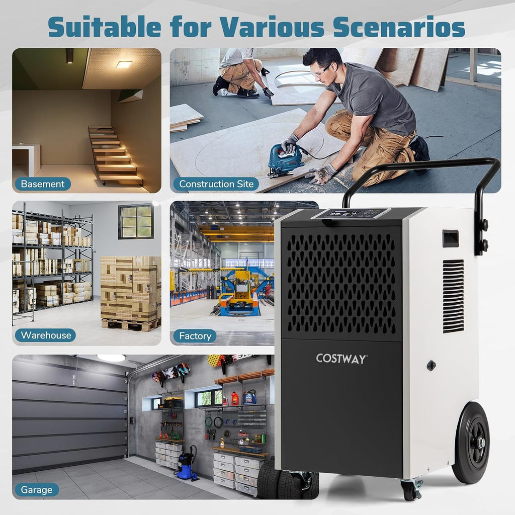 COSTWAY 154 Pints Commercial Dehumidifier with Pump, Portable Industrial Heavy Duty Large Dehumidifier with Drain Hoses for Basements, Job Sites (White)