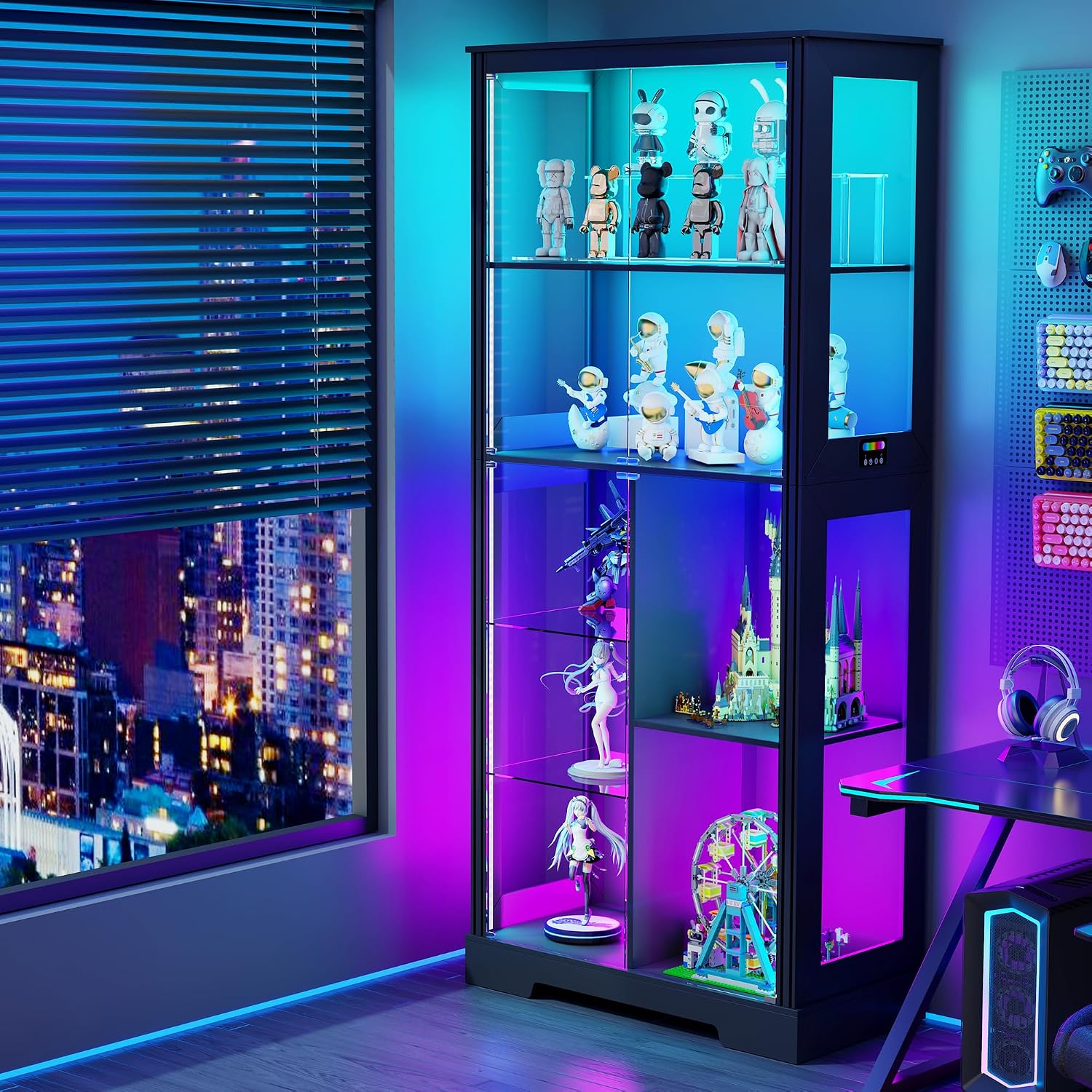 71' Glass Display Cabinet with RGB Light - Curio Cabinet with Glass Doors for Collectibles, 7-Tiers Tall Display Case with Human Sensor, Showcase with Removable Shelves for Figures, Lego (Black)