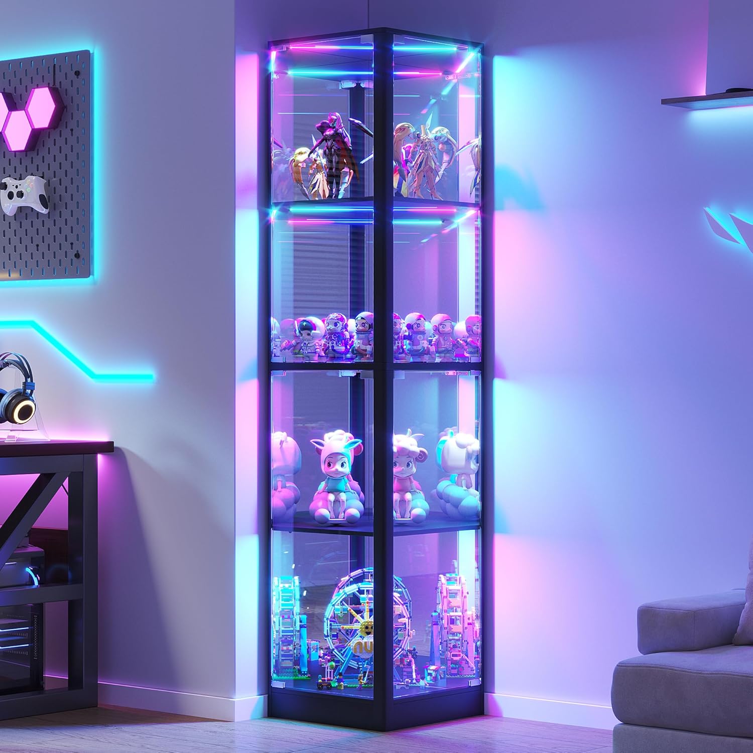Glass Display Cabinet with RGB Lights- 68' Display Case with 4-Tier Shelfs, Corner Curio Cabinets for Collectibles/Toys/Books, LED Storage Cabinet, Black