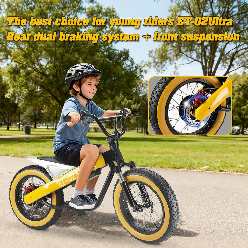 Electric Balance Bike, 750W Motor, 18Miles Long Range & 19Mph, 16' Fat Tire Electric Dirt Bike for Ages 6-11, Front Suspension, Dual Brake Off-Road Electric Motorcycle for Boys Girls (Yellow)