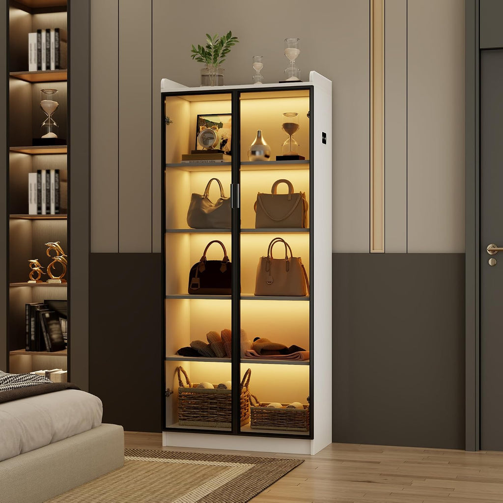Dystler Display Cabinet with Doors and Adjustable Shelves, 65' Tall Bookcase with LED Lights/Human Sensor, 5 Tier Display Case for Collectibles Bedroom Living Room Office, White