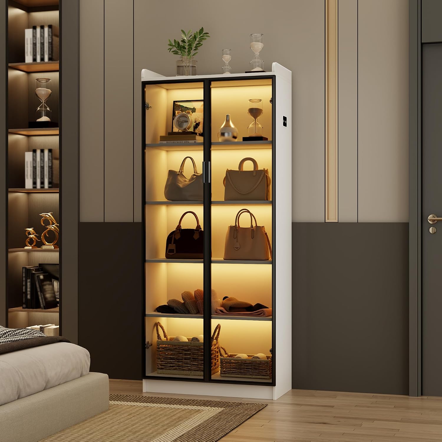 Dystler Display Cabinet with Doors and Adjustable Shelves, 65' Tall Bookcase with LED Lights/Human Sensor, 5 Tier Display Case for Collectibles Bedroom Living Room Office, White