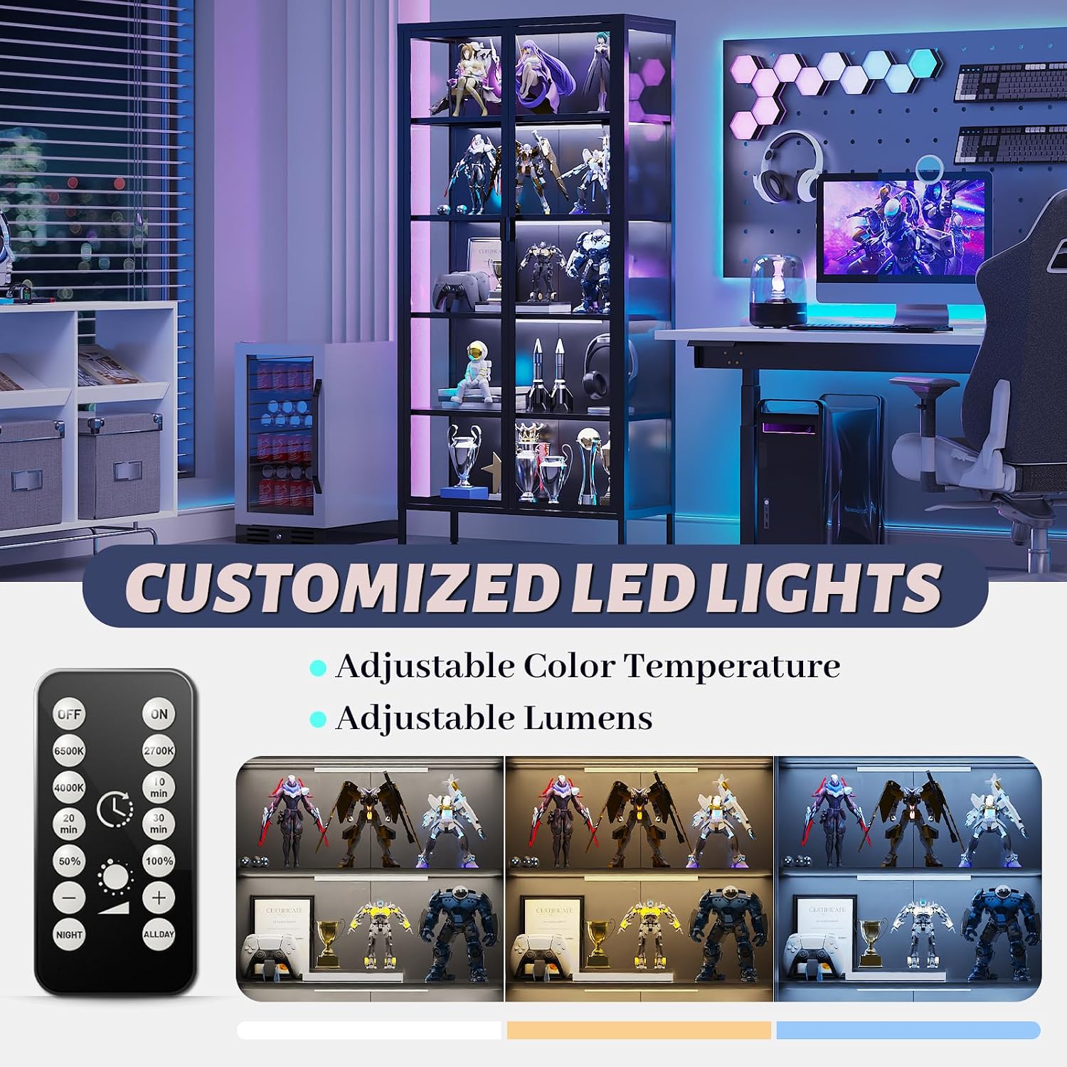 Eltean 71' H Display Cabinet with Glass Doors, 5 Tiers Curio Glass Display Cabinet with 3 Colors LED Sensor Light,Display Cabinets for Collectible with 4 Adjustable Shelves for Living Room,Bedroom