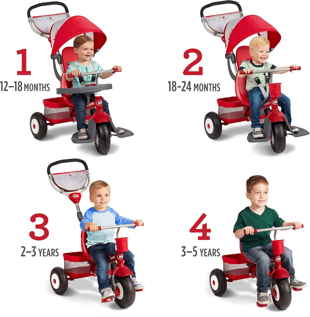 Radio Flyer Ultimate All-Terrain Stroll 'N Trike, Ages 1-5, Convertible 4-in-1 Tricycle, All-Terrain Tires, Parent Push Handle, UV Canopy, Accessories, Safety Harness, Stroller Tricycle for Toddlers