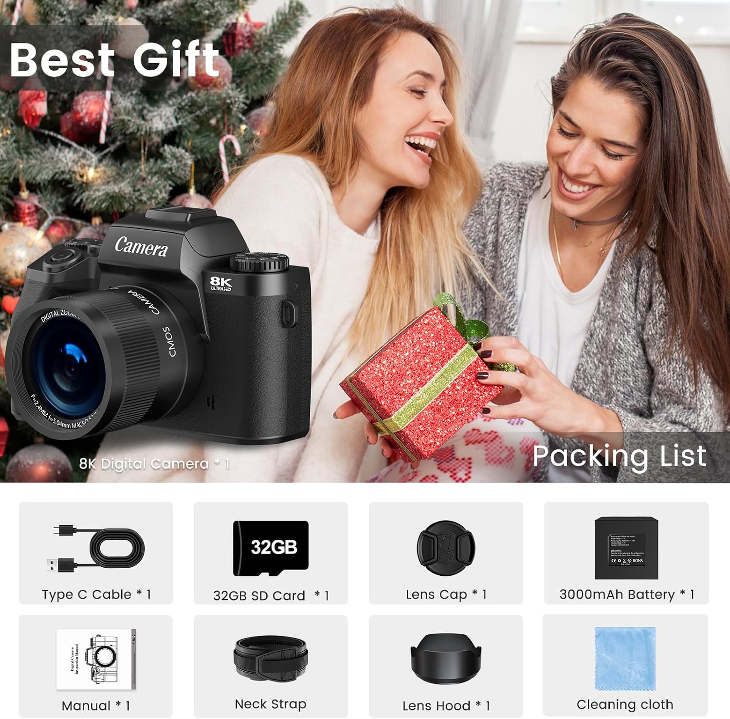 8K Digital Camera for Photography, Vlogging Camera for YouTube with Autofocus, 4 Inch Touchscreen 16X Digital Zoom Video Camera with 3000mAh Battery, Dual-Lens, Lens Hood, 32GB TF Card and Flash,Black