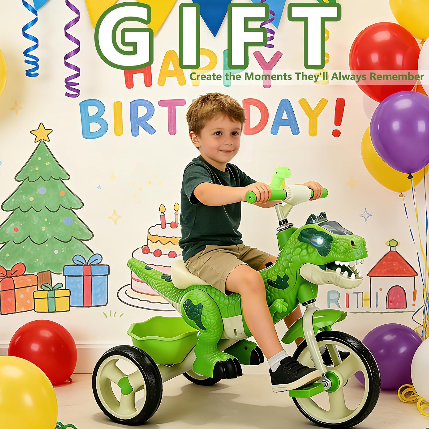 NMM Dinosaur Tricycle for Toddlers, Kids Trike with Music, LED, Tricycles for 3-5 Year Olds, for Rider, Big Wheel, Storage Basket, Horn, Toddler Bike for Boy, Dinosaur Toys for Kids 2-4 4-7