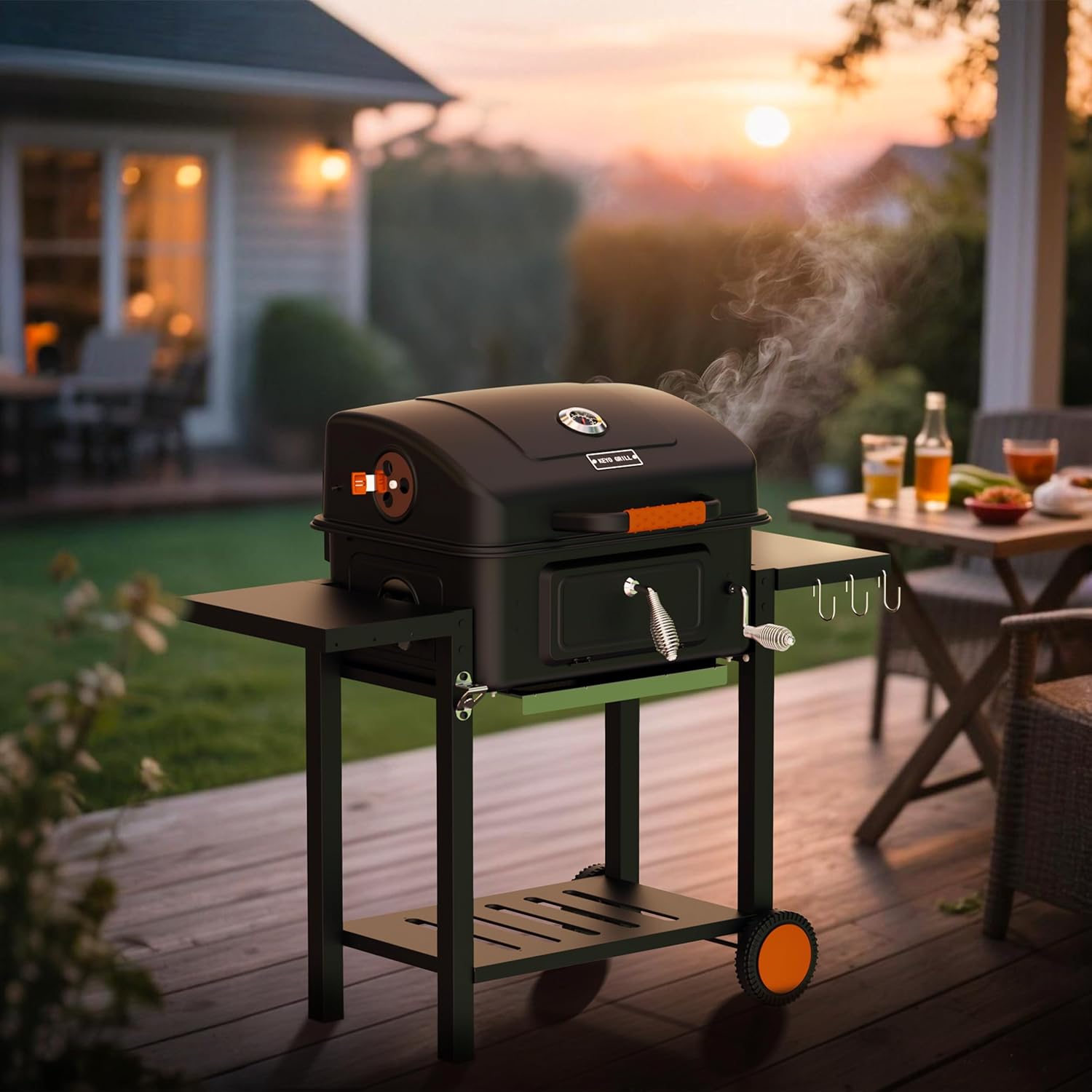 KEYO GRILL 24-Inch Barrel Charcoal Grill, Dual Venting System Outdoor BBQ Grill with Height Adjustable Charcoal Pan, Foldable Side Tables Outdoor Large Barbecue Grills for Backyard and Camping.