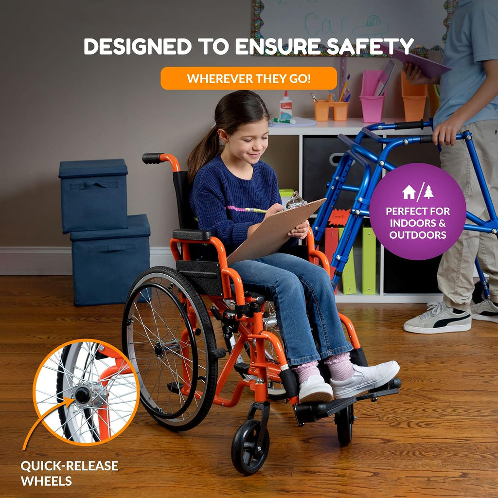 Ziggo 12' Seat Width Pediatric Wheelchair for Kids & Children, Lightweight, Manual Folding Wheelchair w/Safety Belt, Swing-Away Foot Support w/Straps, Desk Length Arm Rests