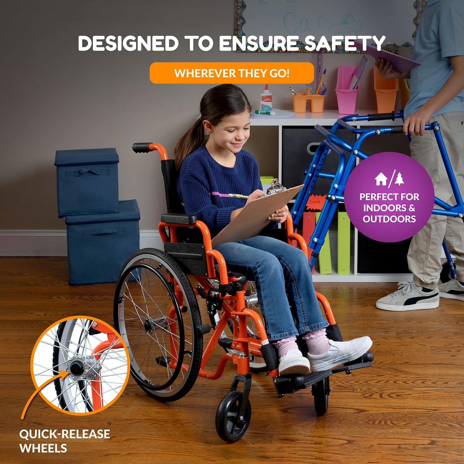 Ziggo 12' Seat Width Pediatric Wheelchair for Kids & Children, Lightweight, Manual Folding Wheelchair w/Safety Belt, Swing-Away Foot Support w/Straps, Desk Length Arm Rests
