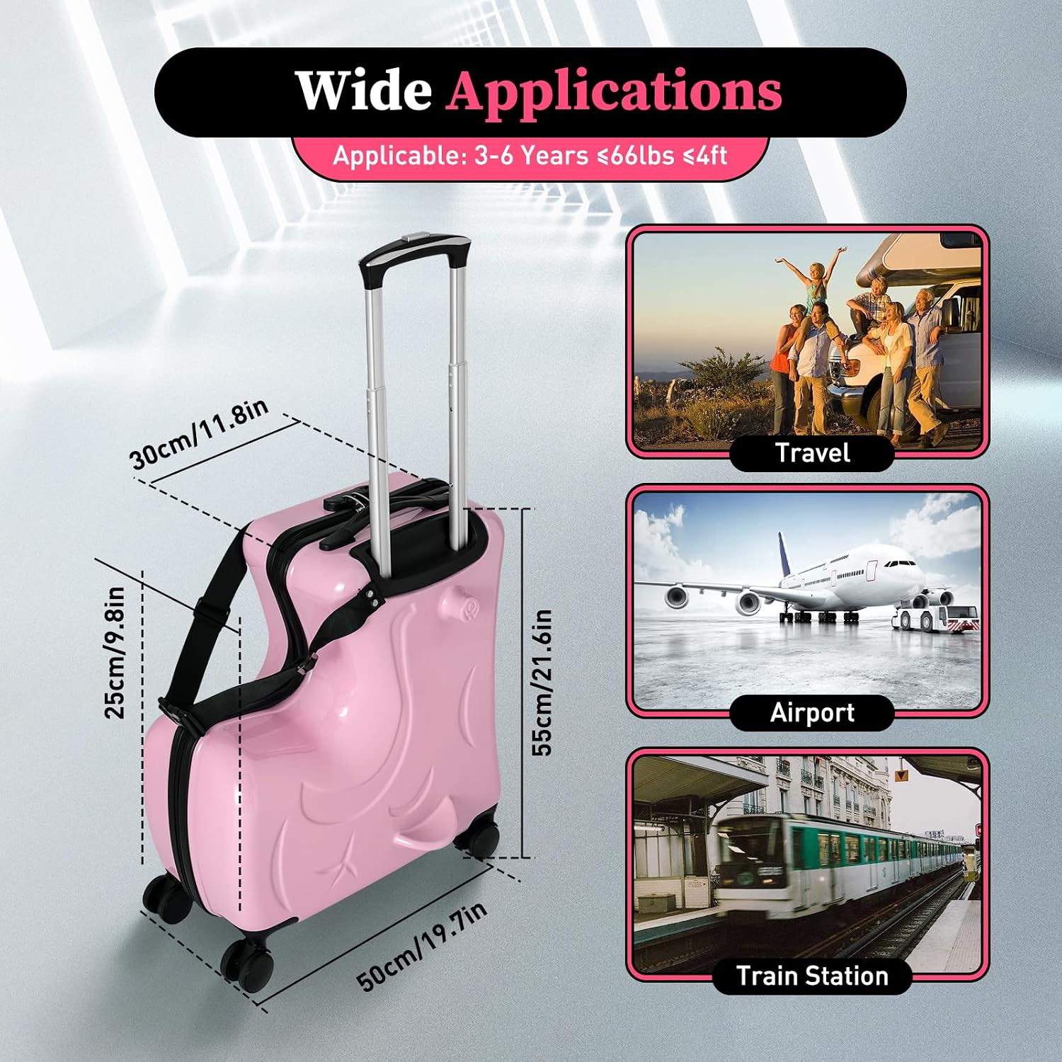 20' Ride on Suitcase for Kids, Carry on Trolley Suitcase with Double-row Universal Wheels Travel Riding Luggage with Password Lock/Safety Belt/Telescoping Handle, Pink