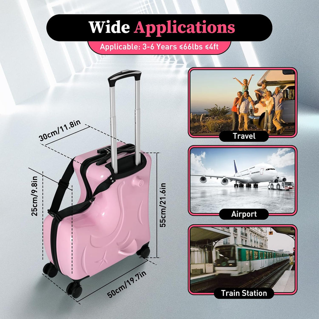CNCEST 20' Kid's Ride-on Travel Suitcase, Rolling Carry Trolley Luggage with Password Lock, Children's Ride On Trolley Gift (20' Pink)