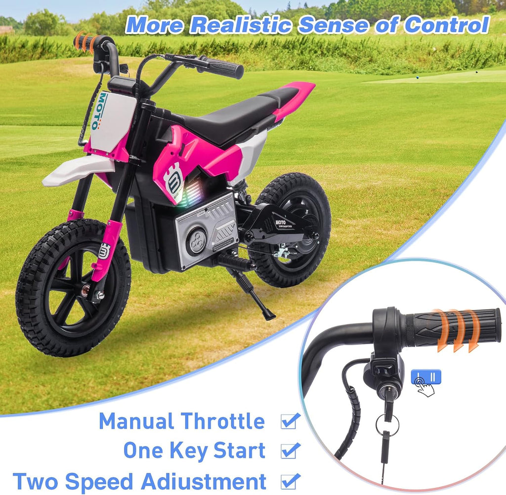 WEEROCK 24V Kids Electric Dirt Bike for 5-15 Years Old, Ride on E Motorcycle, 3.11-9.32MPH Speed, Rear Shock Absorber, LED Breath Lamp, Bluetooth for Boys Girls Children Electria Toy Gift, Pink