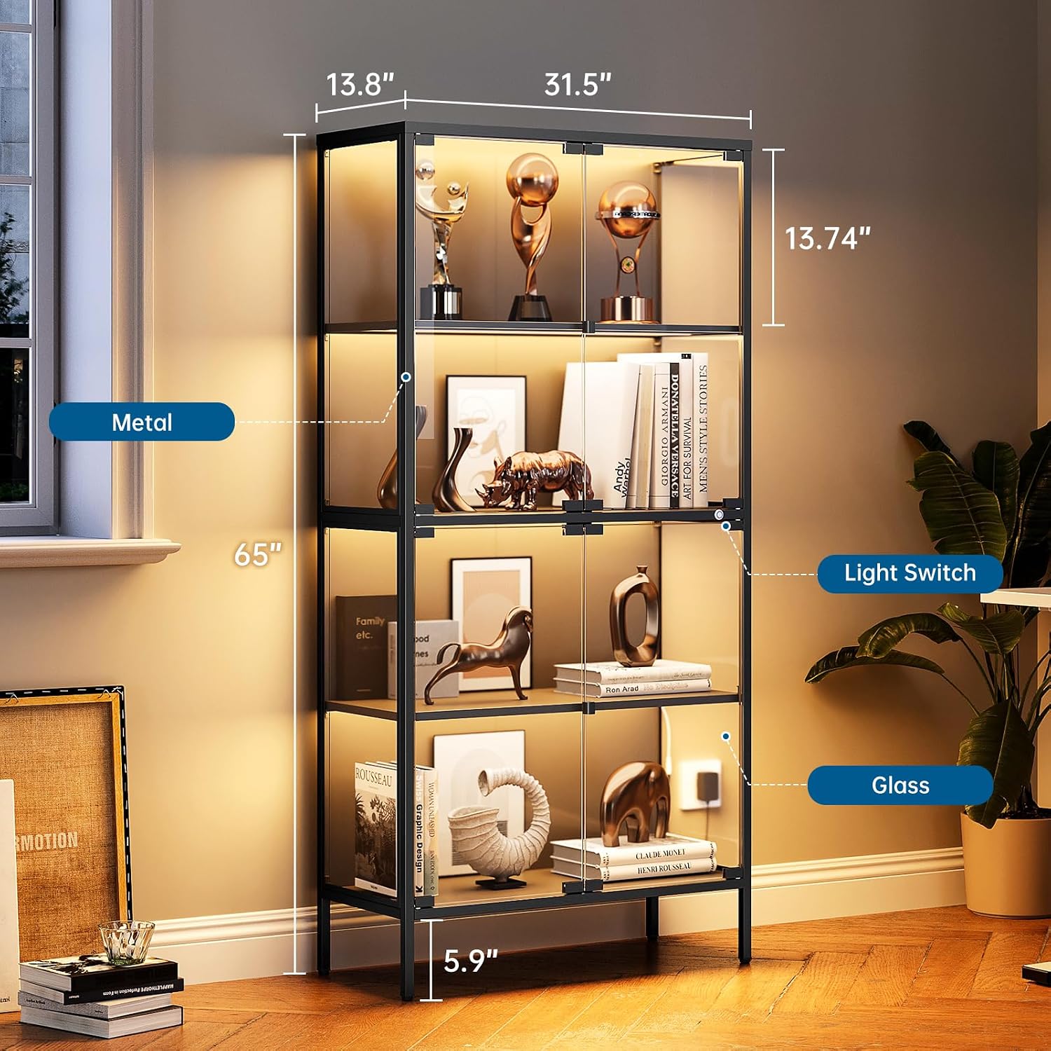 PEUKC 65' Glass Display Cabinet with 3-Color LED Light, Display Case with 4 Tempered Glass Doors and Shelves, Metal Frame Curio Storage Cabinet for Collectibles, Figures, Awards, Book, Toy (Black)
