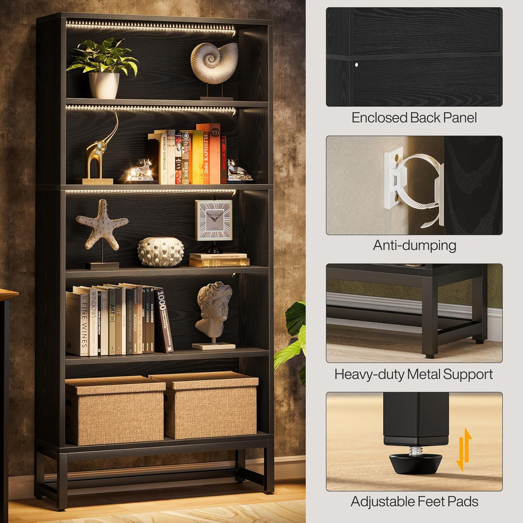 Tribesigns Tall Bookcase Black Bookshelf, 70.8' Large Bookcases Organizer with LED Lights, Heavy Duty Free-Standing Library Bookshelf with 5-Tier Storage Shelves for Living Room, Bedroom (Black)