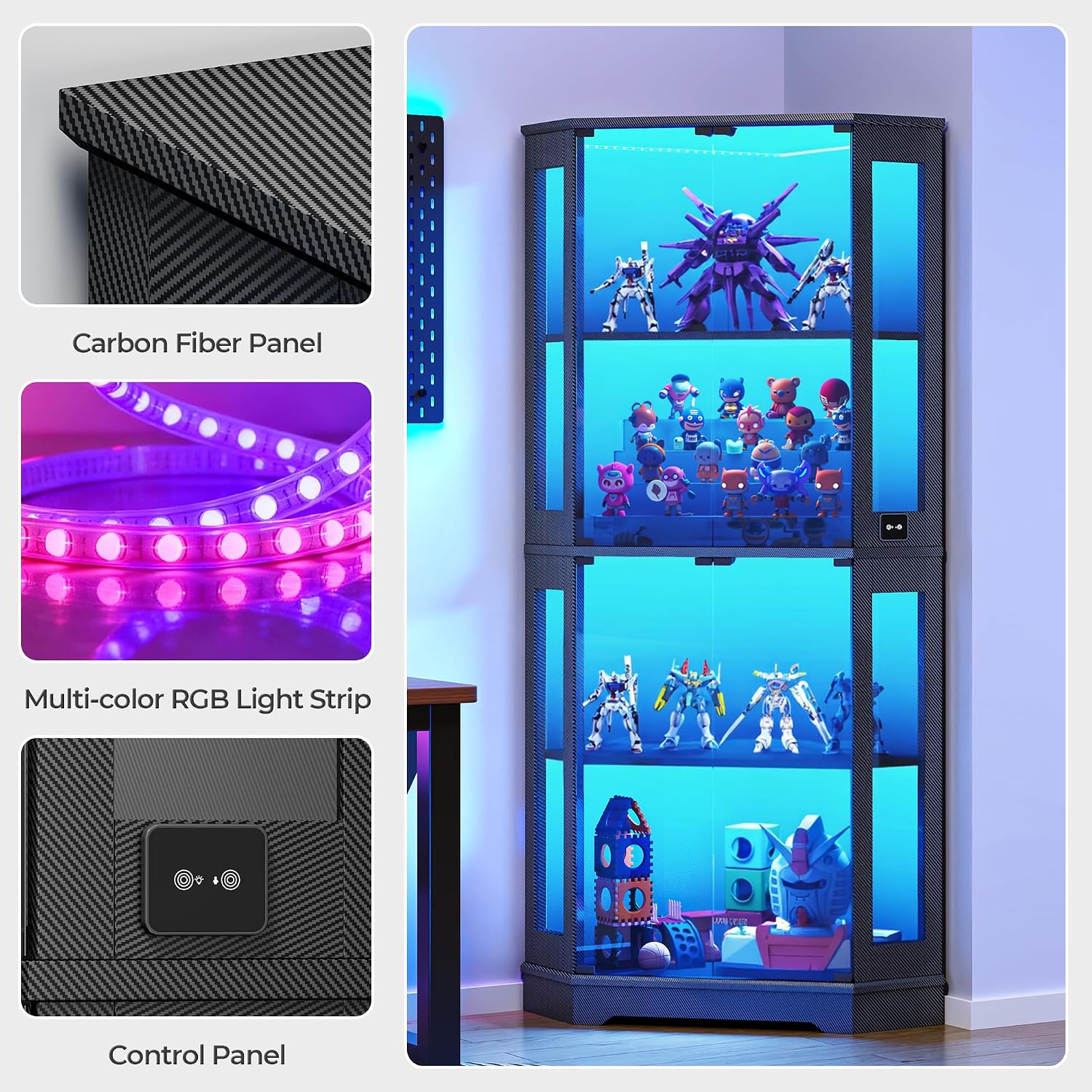 IRONCK 71 Inch Carbon Fiber Corner Glass Display Cabinet with Human Body Sensor & 6-Color LED Lights, 4-Tier Tempered Glass Display Case with 2 Adjustable Shelves for Collectibles, Toys, Black