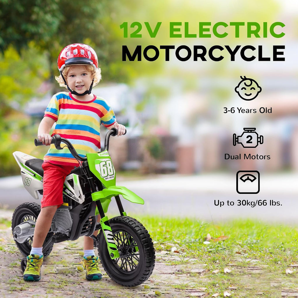 Qaba Kids Dirt Bike with Twist Grip Throttle, 12V Electric Motorcycle, Electric Bike for Toddler with Training Wheels, Spring Suspension & Music, Green