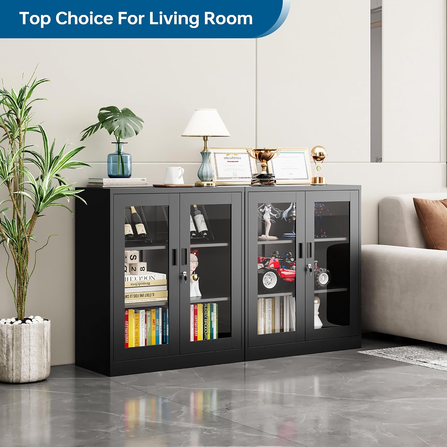 PEUKC Display Cabinet with Acrylic Doors, 35.4 Inches Metal Curio Storage Cabinet with 2 Adjustable Shelves, Locking Display Case for Home, Office, Clinic, Pantry, Assemble Required (Black)