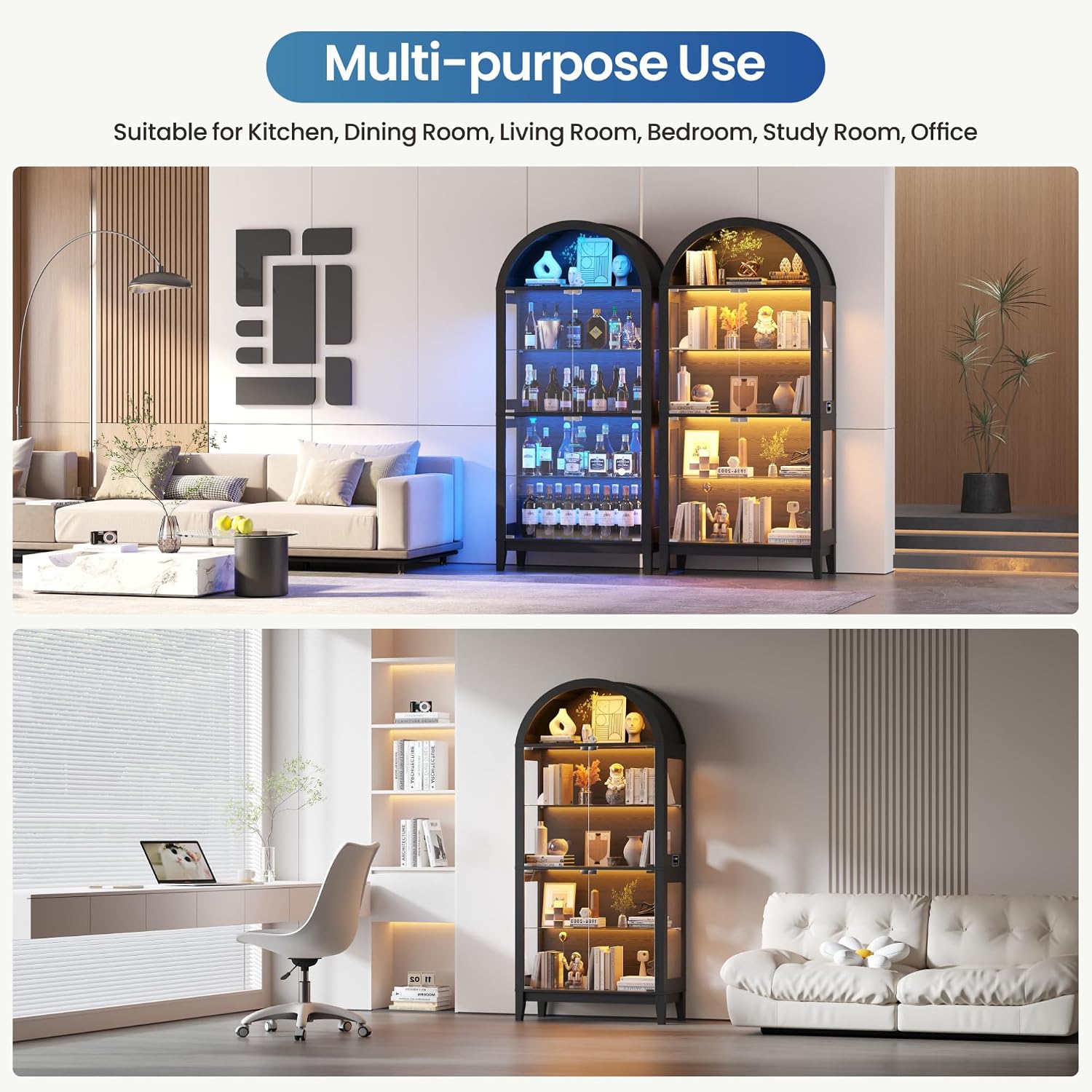 Lvifur Display Cabinet with - Glass Doors,Arched Curio Cabinet with RGB Lights for Collectibles,5-Tiers Tall Display Case with Human Sensor,Showcase Cabinet with Glass Shelf for Living Room (Black)