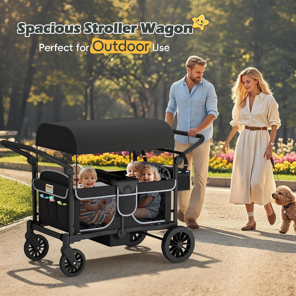 TOLEAD Wagon Stroller for 4 Kids, Foldable 4 Seats Outdoor Stroller Wagon with Canopy, Adjustable Handlebars, 5-Point Safety Harness, Detachable Tray, Portable Bag (Black)