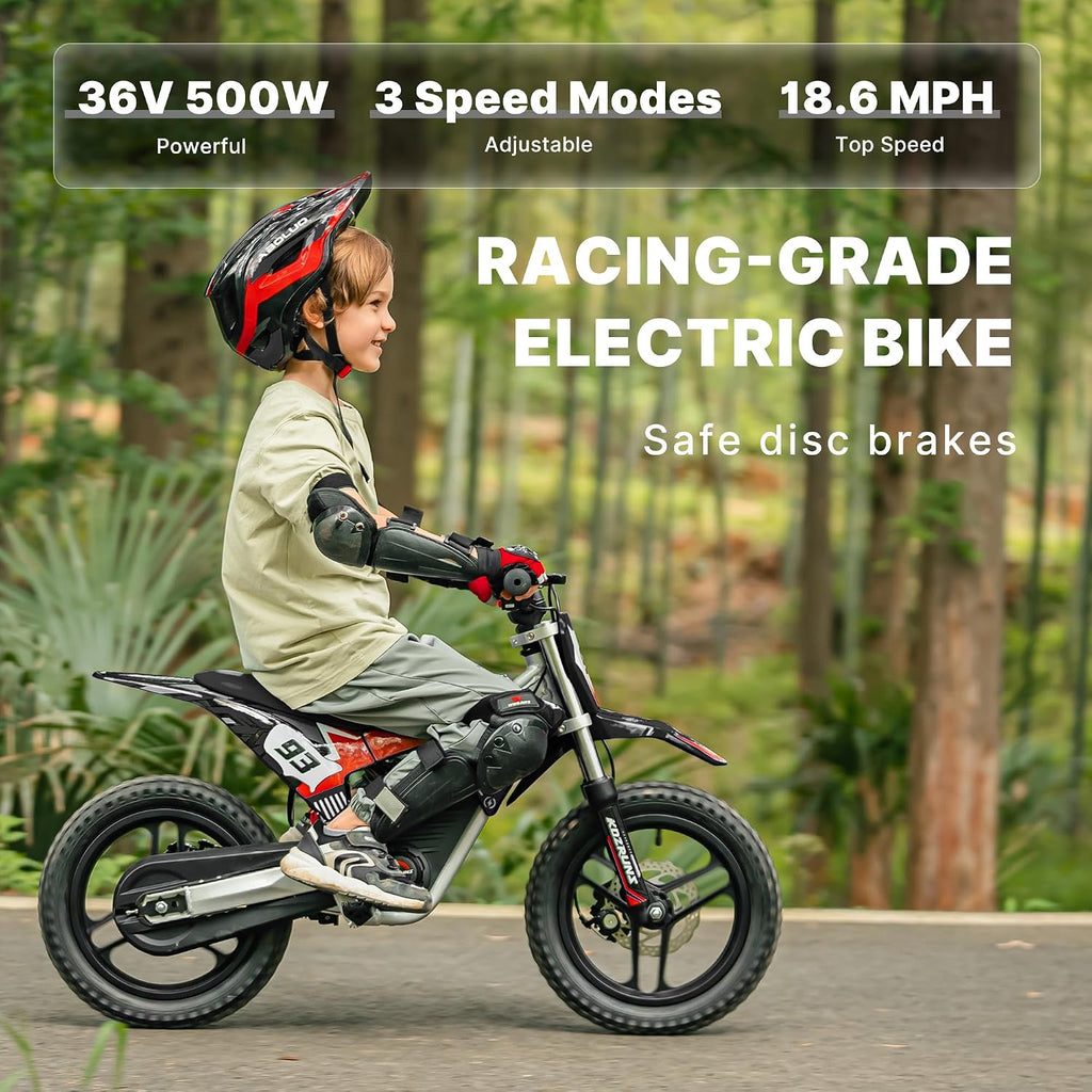 Racing Grade Electric Dirt Bike for Kids, 500W Powerful Motorcycle for Ages 6-12, 36V 5.2Ah Lithium Battery, Dual Shock Absorption, 3 Speed Modes, Safe Disc Brake, 14Inch Off Road Tires, Black