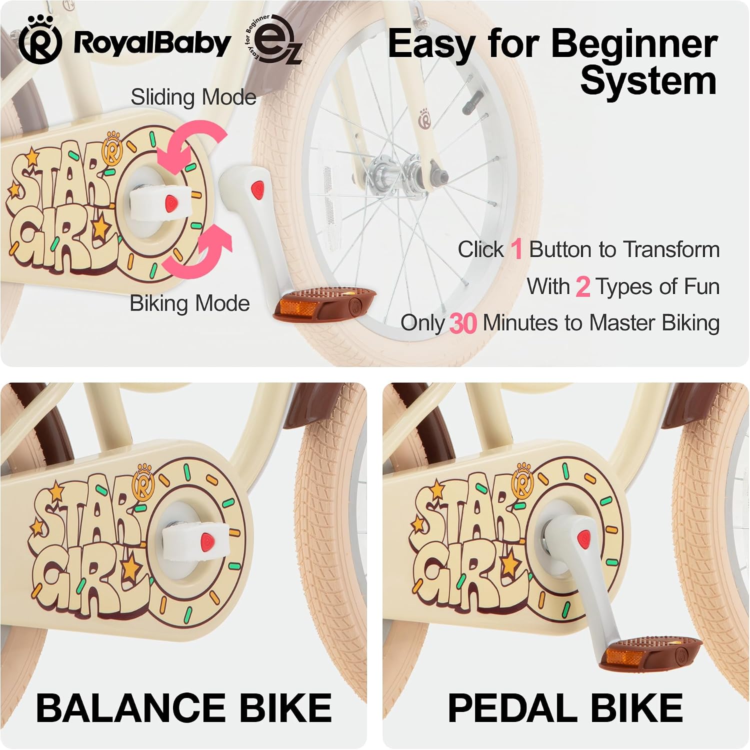RoyalBaby Girls Bike, Stargirl EZ Kids Bike Balance and Pedal Bicycle with Basket and Dual Handbrake, 12 14 16 18 Inch Toddlers to Big Kids 3-8 Years, Multiple Colors
