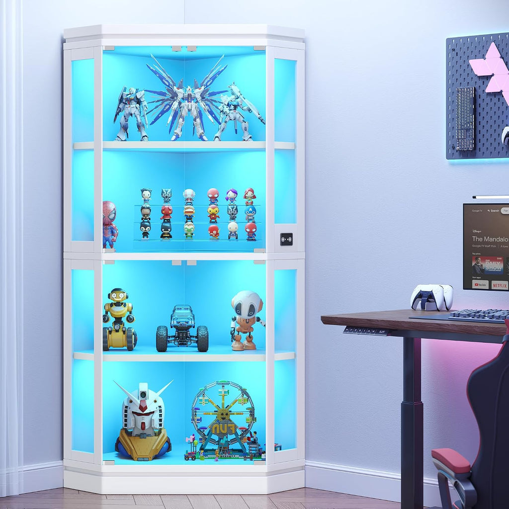 Jocoevol Corner Display Cabinet with Glass Doors, 4-Tier Display Cases for Collectibles with RGB Lights, 67'' Tall Corner Curio Cabinet with Human Body Sensor for Living/Game Room, White