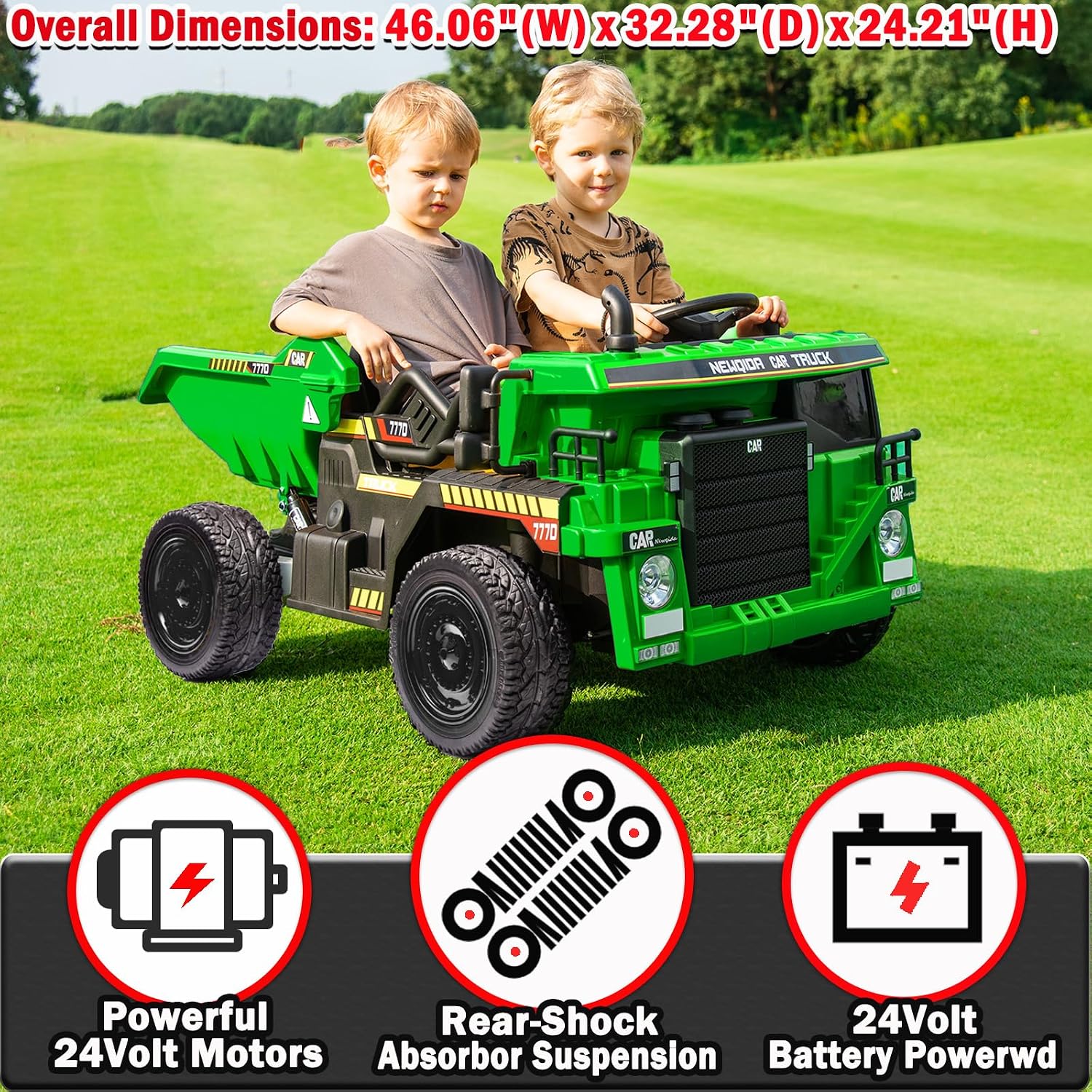 NEWQIDA 24V Ride on Dump Truck, Kids Electric Car with Remote Control, Ride on Construction Vehicles w/Electric Dump Bed, Shovel, 2x75W Powerful Motors, Up to 4.4Mph, EVA Tires, Soft Start, Green