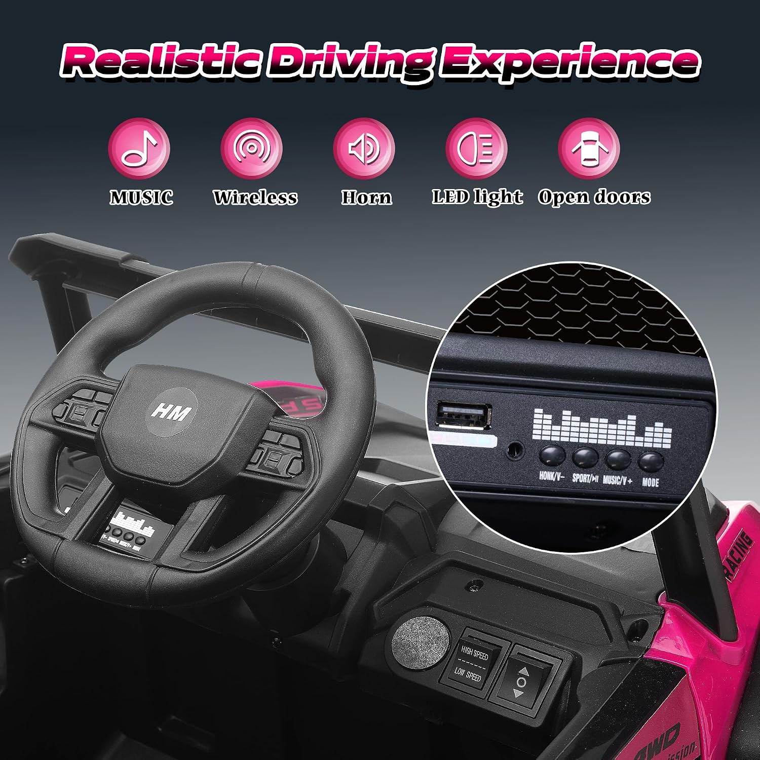 12V Kids Electric Car, Ride on Car Truck with Remote Control, LED Lights, 3 Speed Adjustable, Music, Safety Belt, Soft Start, Horn, Ride on Toys for Toddlers Boys Girls 3-6, Pink
