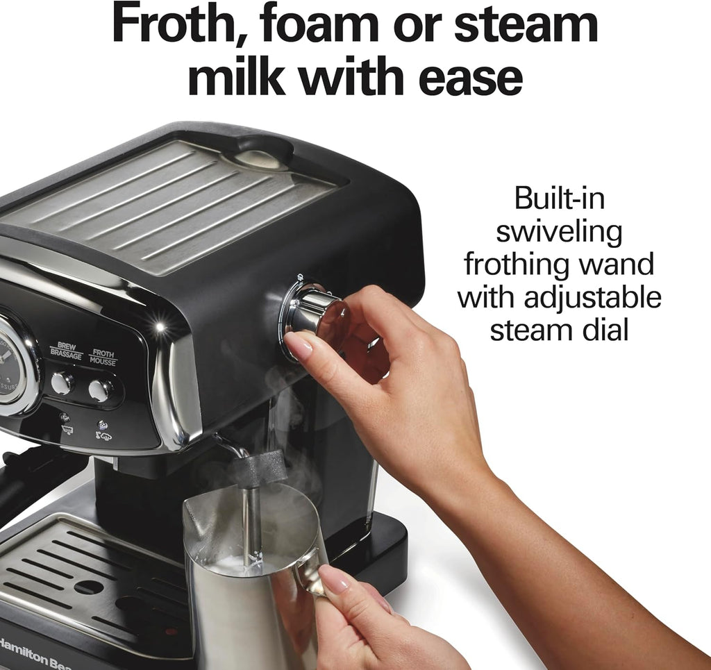 Hamilton Beach Slide & Lock Espresso Machine With Milk Frother Steam Wand For Cappuccino & Latte, 15 Bar Pump and Two Spouts, Removable Reservoir, Compact, Retro Design, Black (40730)