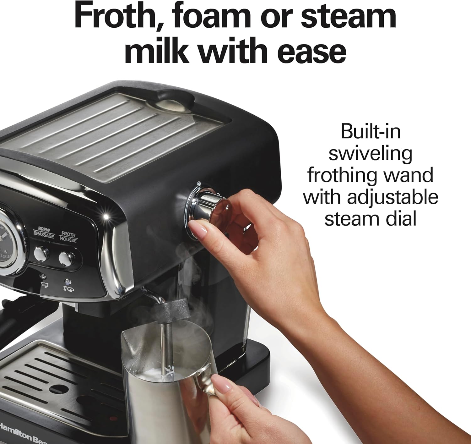 Hamilton Beach Slide & Lock Espresso Machine With Milk Frother Steam Wand For Cappuccino & Latte, 15 Bar Pump and Two Spouts, Removable Reservoir, Compact, Retro Design, Black (40730)