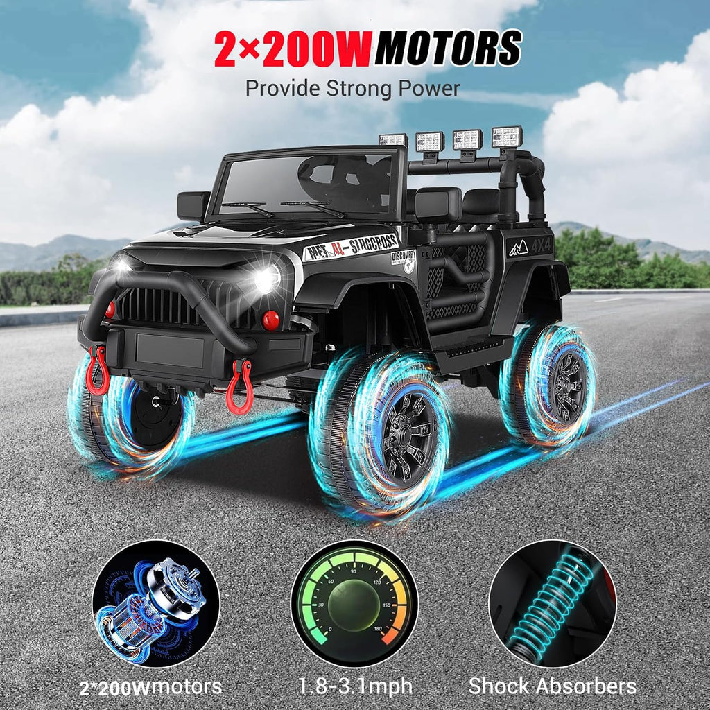 Hikole 24V Ride on Car w/Remote Control, Battery Operated Vehicles for Boys&Girls, Upgraded 2×200W Motors,Off-Road Power Wheels Truck, LED Lights, 3 Speeds, Gift, Black-24V-1 Seater