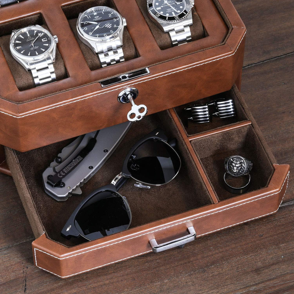 Gift Set 6 Slot Leather Watch Box with Valet Drawer - Luxury Watch Case Display Organizer, Microsuede Liner, Locking Jewelry Box, Mens Storage Boxes Holder Large Glass Top (Tan/Brown Gift Set)