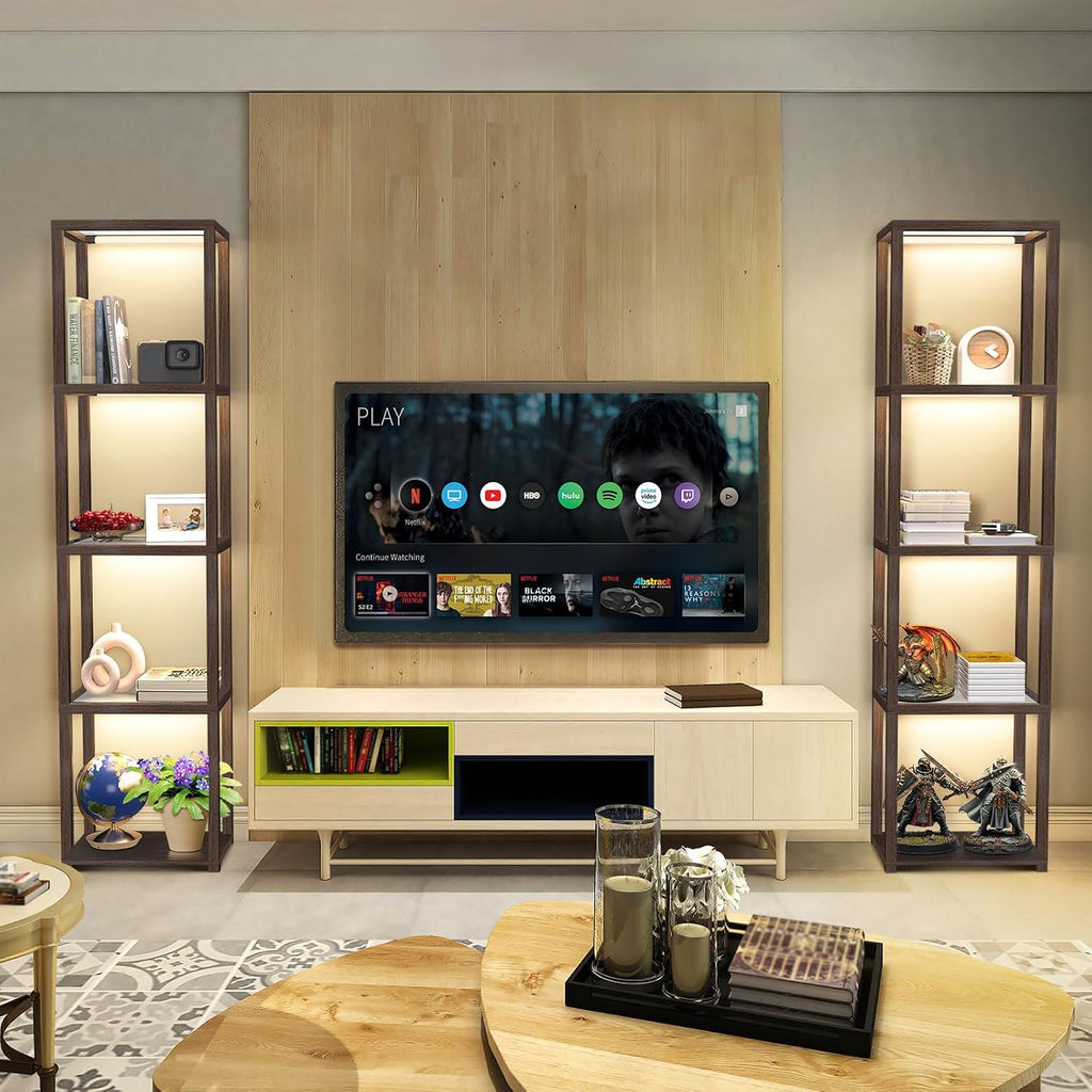 OUTON 67' Glass Display Shelf with Dimmable LED Floor Lamp, Collectibles Display Cabinet with Remote & App Control, 5 Tier Open Bookshelf Lamp for Living Room, Bedroom, Office, Home Decor, Walnut