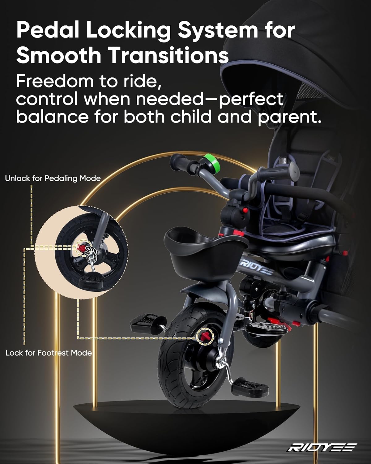 RIDYEE 7-in-1 Folding Toddler Tricycle for 18 Months to 5 Years, Tricycle Stroller with Dual Brakes, All-Terrian Rubber Tire, Tricycle for Toddlers with Rotatable Seat, Adjustable Push Handle, Grey