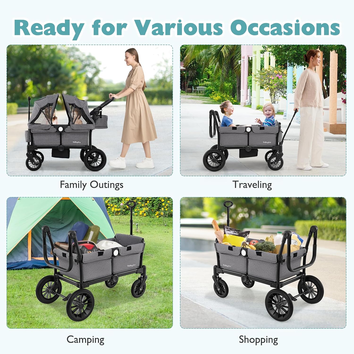 BABY JOY Wagon Stroller for 2 Kids, Collapsible Push Pull Double Stroller Wagon with Adjustable Handle Bar, Removable Canopy, Safety Harness, Cup Holder, Snack Tray & Storage Bag (Gray)