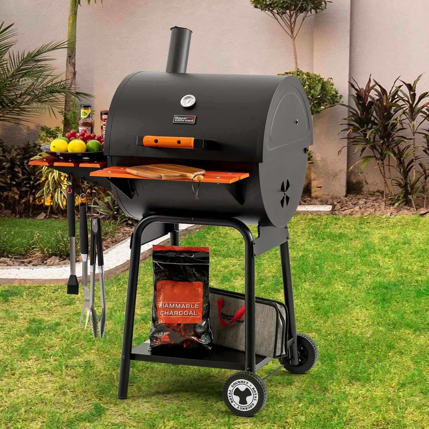 Royal Gourmet CC2024 24 Inch Charcoal Barrel Grill with Warming Rack, Outdoor BBQ Grill with Wooden Front and Side Shelves, for Backyard, Patio and Parties, Black