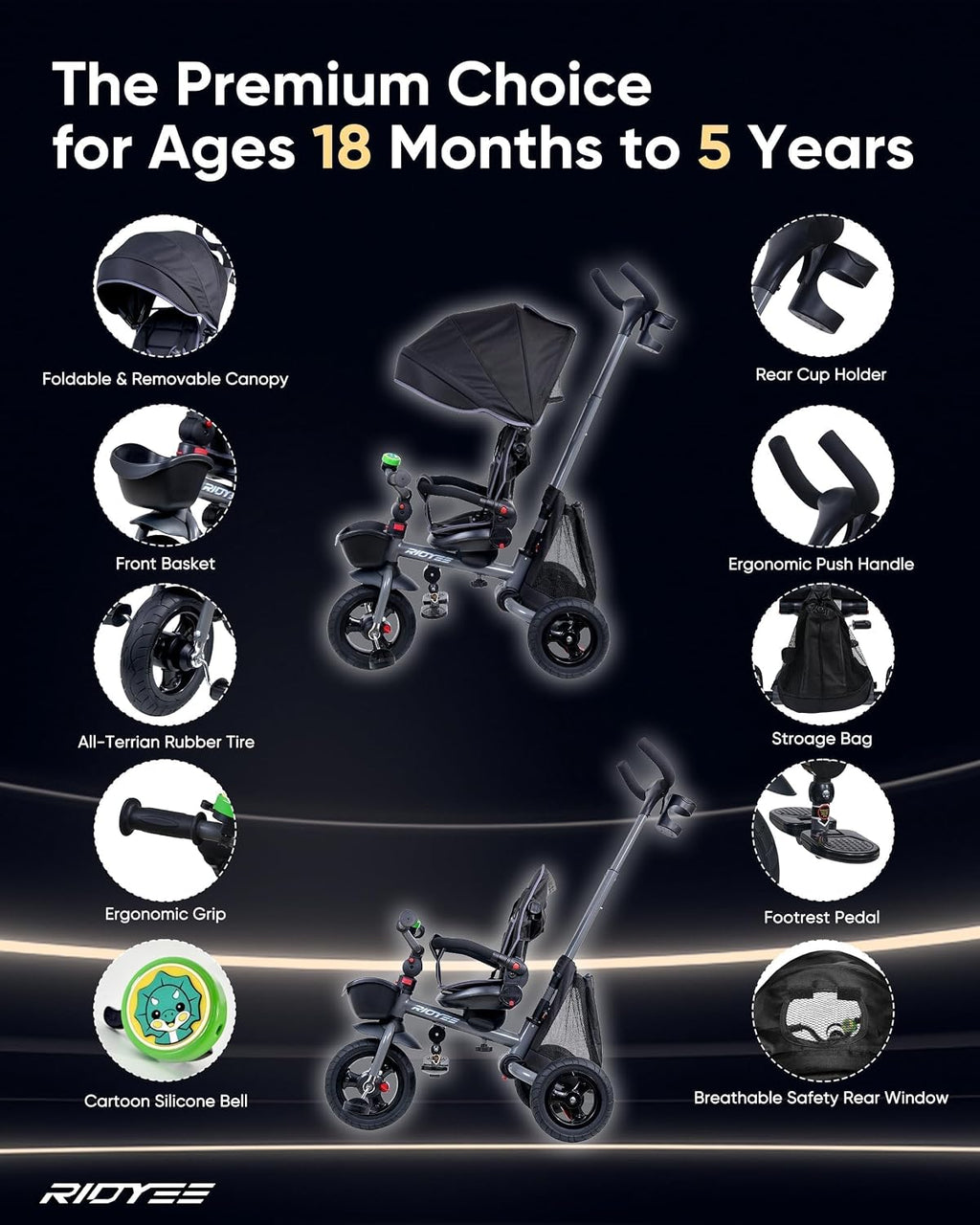 RIDYEE 7-in-1 Folding Toddler Tricycle for 18 Months to 5 Years, Tricycle Stroller with Dual Brakes, All-Terrian Rubber Tire, Tricycle for Toddlers with Rotatable Seat, Adjustable Push Handle, Grey